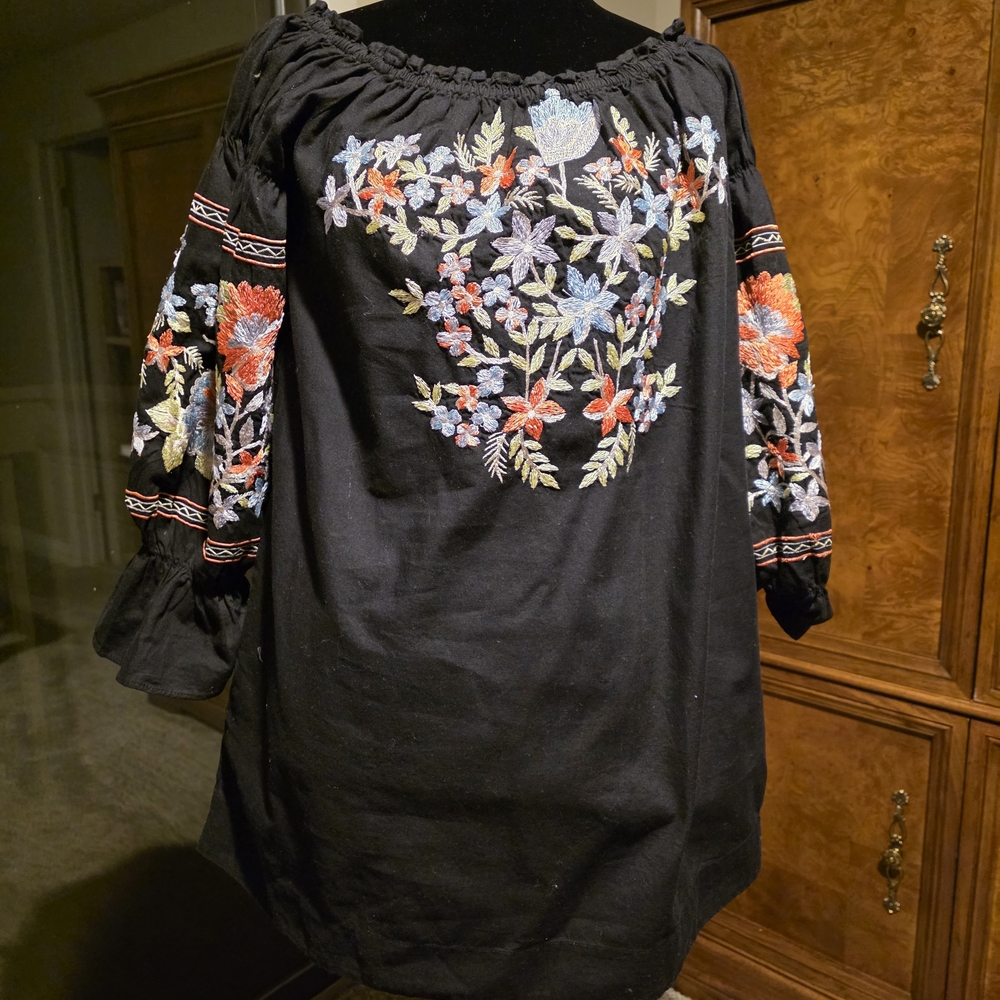 Free People Black Dress with Colorful Floral Embroidery